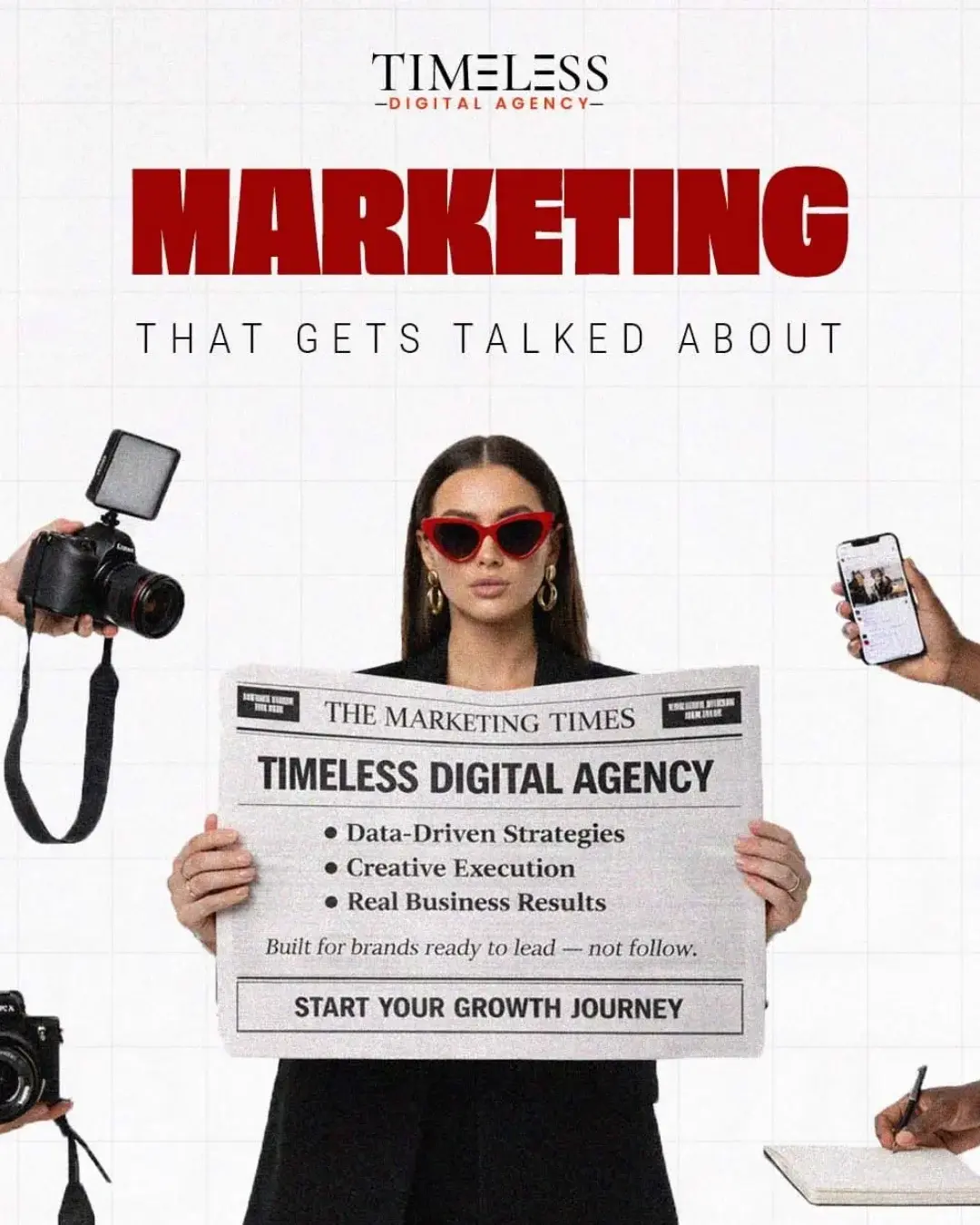 Promotional graphic for Timeless Digital Agency featuring a woman holding a newspaper titled "Timeless Digital Agency" surrounded by creative tools.