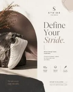 Minimalist promotional poster for STRIDE footwear featuring white sneakers display with the slogan "Define Your Stride."