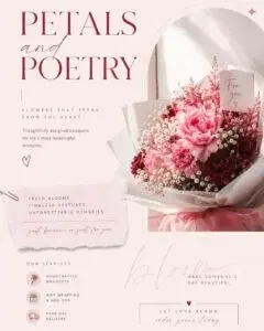 Romantic soft pink promotional poster design for PETALS and POETRY featuring a wrapped floral bouquet and elegant typography.