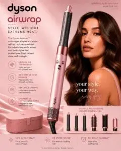 Promotional ad poster for the Dyson Airwrap multi-styler featuring product attachments, styling details, and a model with wavy hair.