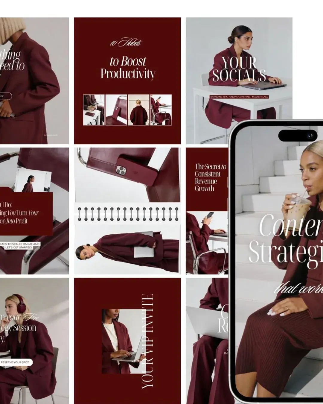 A cohesive maroon-themed Instagram grid layout mock-up alongside a smartphone displaying a social media content strategy.